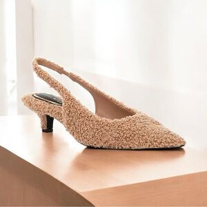 Gianni Bini BRITNIE Tan Faux Shearling Kitten Heel Slingback PumpdTan